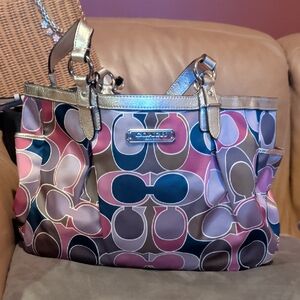 Coach Pink Multi Signature Tote with Metallic Gold Trim